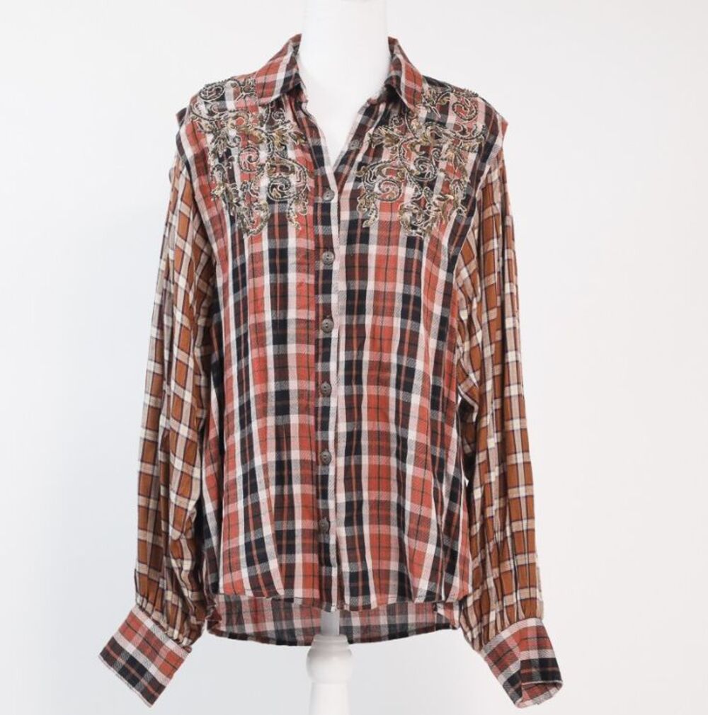 Free People Small Plaid Embroidered Rayon Button Up Shirt Boho Western